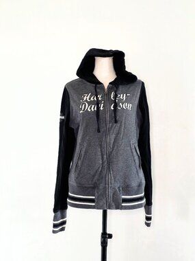 Vintage Y2K Harley Davidson Women's Colorblock Full Zip Varsity Hoodie Gray L